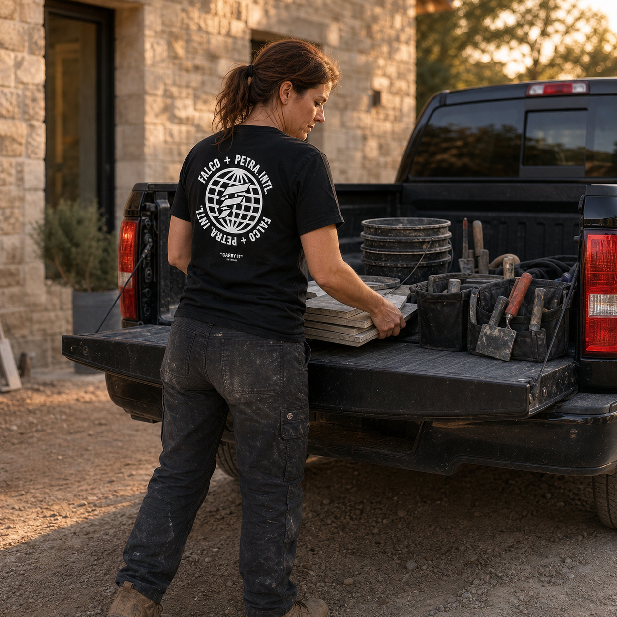 Installer loading tile and tools while wearing the black Falco + Petra FP Global Shirt