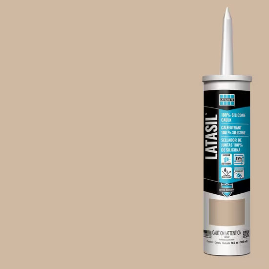 Latasil silicone caulk tube on a beige background