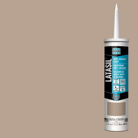 Latasil silicone caulk tube on a beige background
