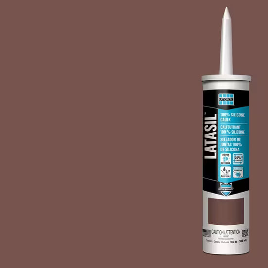 Latasil silicone caulk tube on a brown background