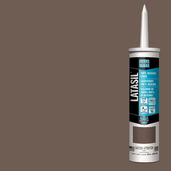 Latasil silicone caulk tube on a brown background