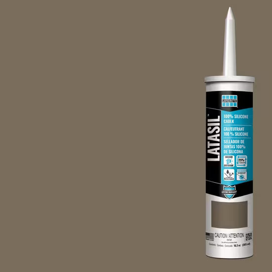 Latasil silicone caulk tube on a brown background