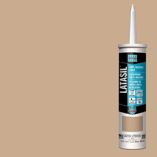 Latasil silicone caulk tube on a beige background