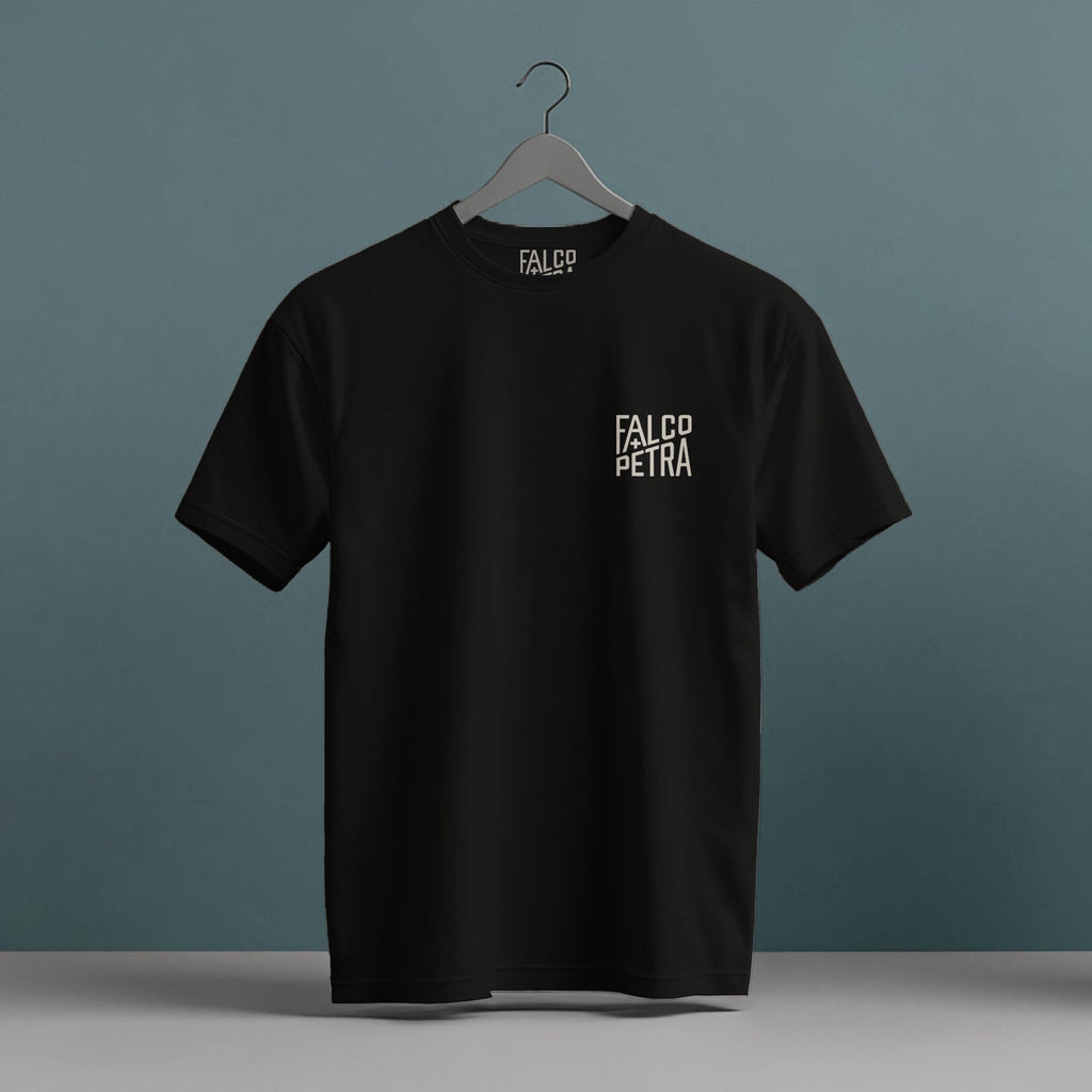 black t shirt with falco petra text