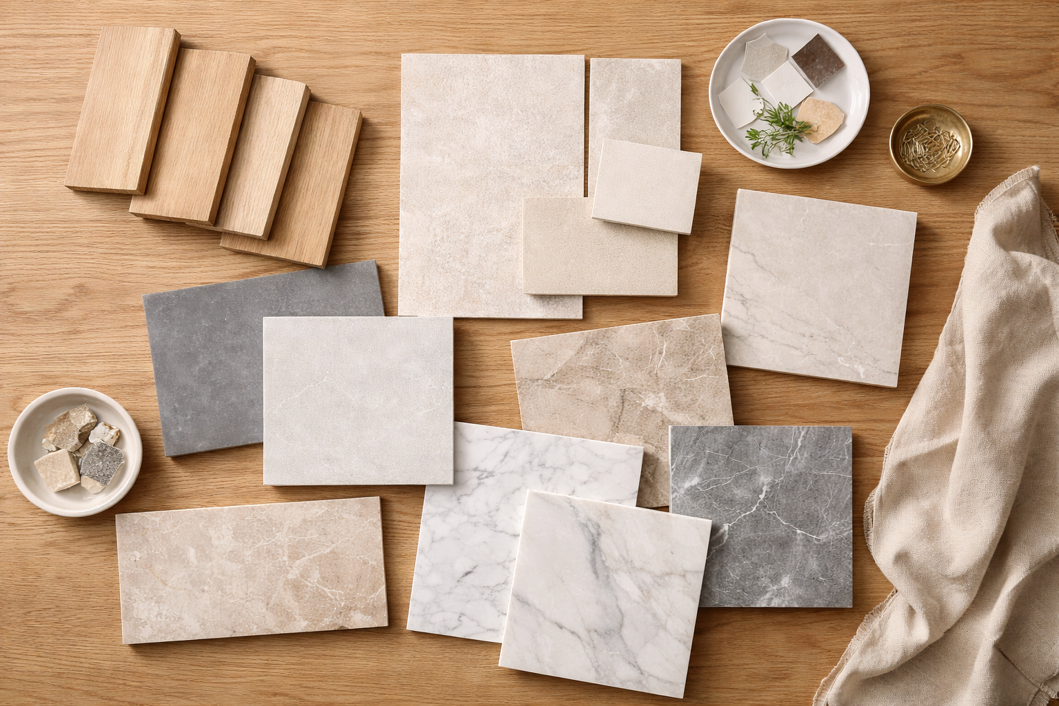 Collection of stone tiles and samples on a wooden surface