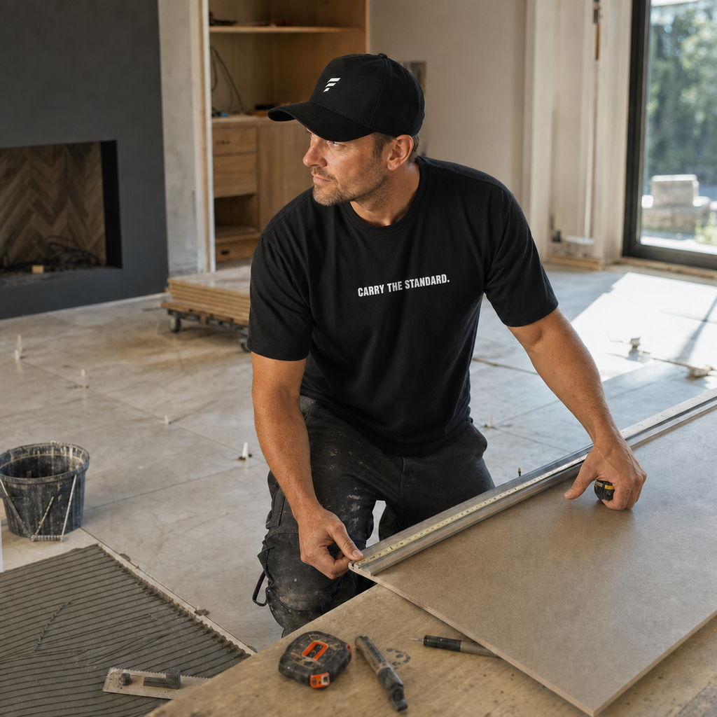 Installer wearing the black Falco + Petra Carry the Standard Shirt