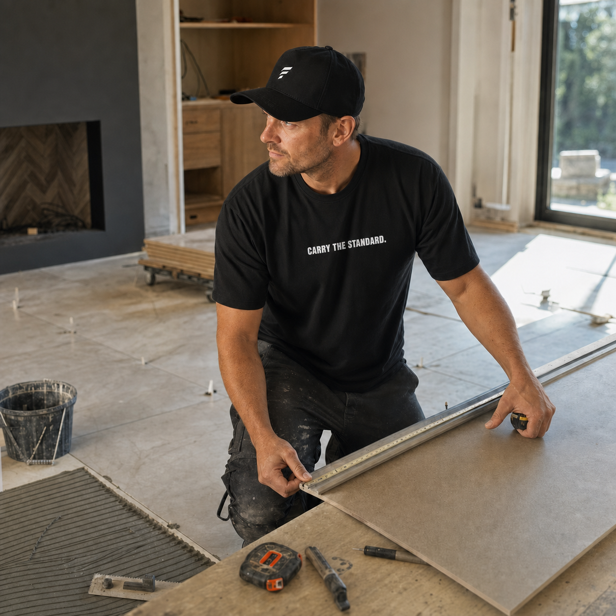 Installer wearing the black Falco + Petra Carry the Standard Shirt