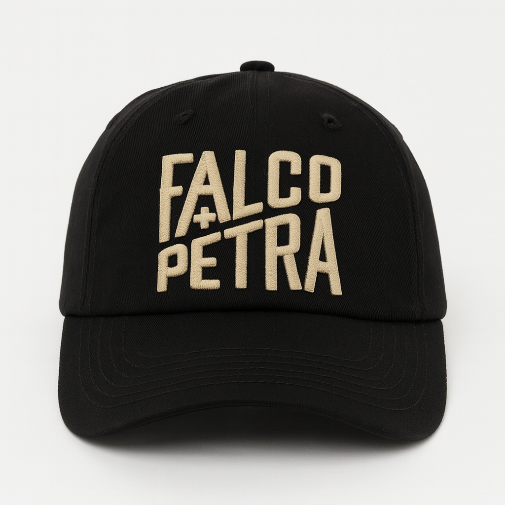 Black cap with 'Falco Petra' text on a white background