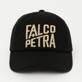 Black cap with 'Falco Petra' text on a white background