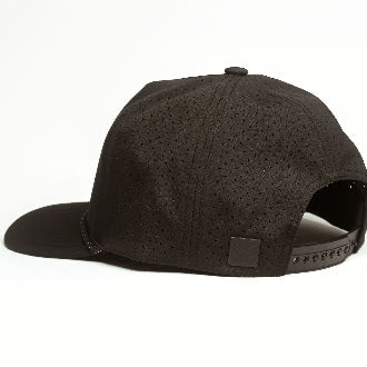 Black performance snapback, rear three-quarter view