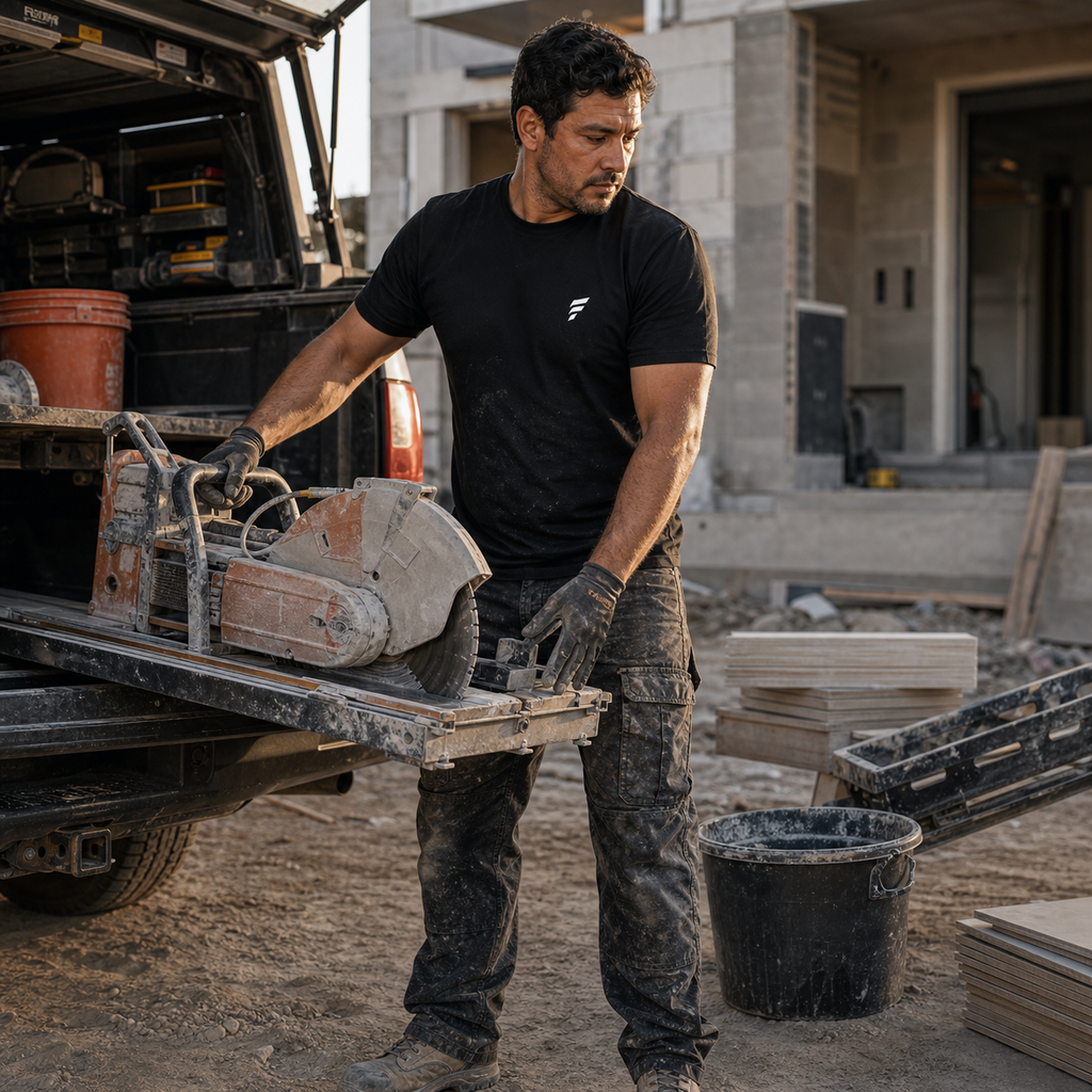 Contractor handling a tile saw while wearing the black Falco + Petra Torch Shirt
